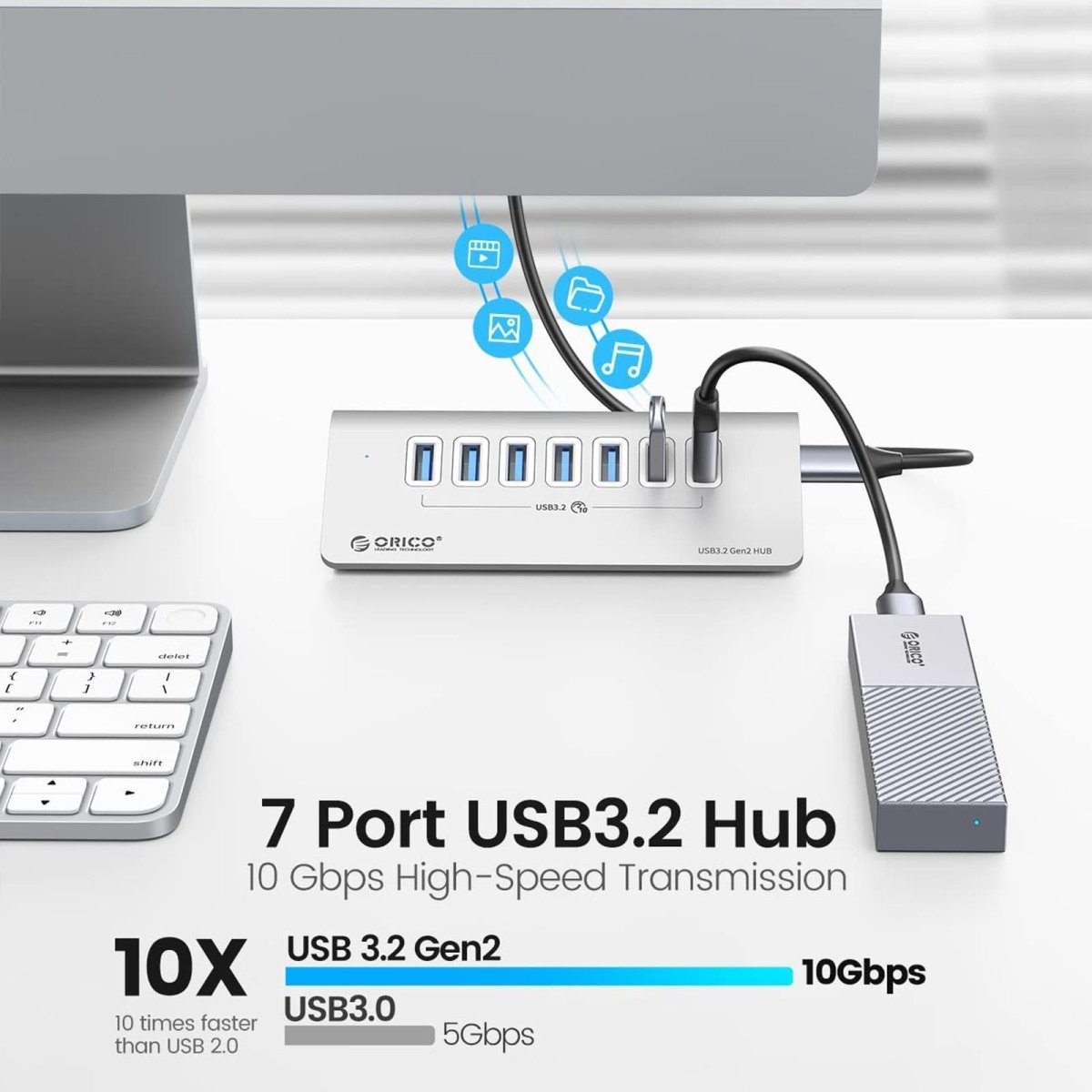 7 - Port Usb 3.2 Gen2 10Gbps Hub With 1M Cable