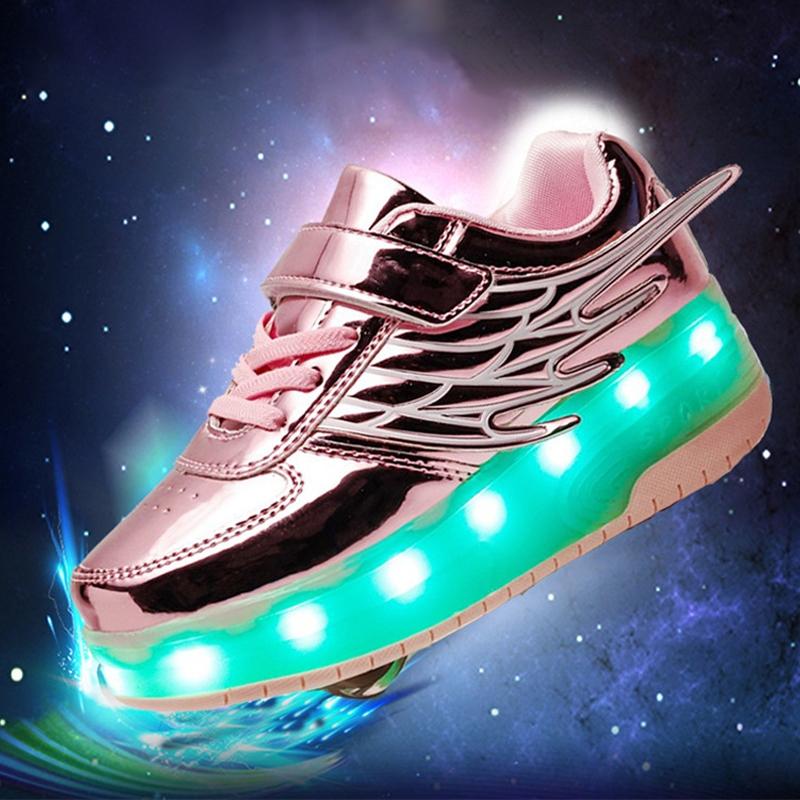 Double Wheel Led Roller Skates - Size 39 Wing Design - Silver