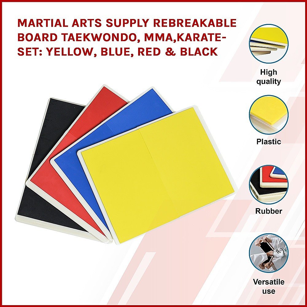 Martial Arts Supply Rebreakable Board Taekwondo, MMA, Karate - Set: Yellow, Blue, Red & Black