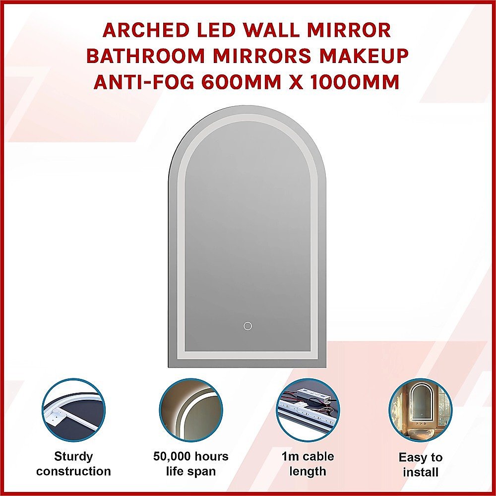 Arched LED Wall Mirror Bathroom Mirrors Makeup Anti - fog 600mm x 1000mm