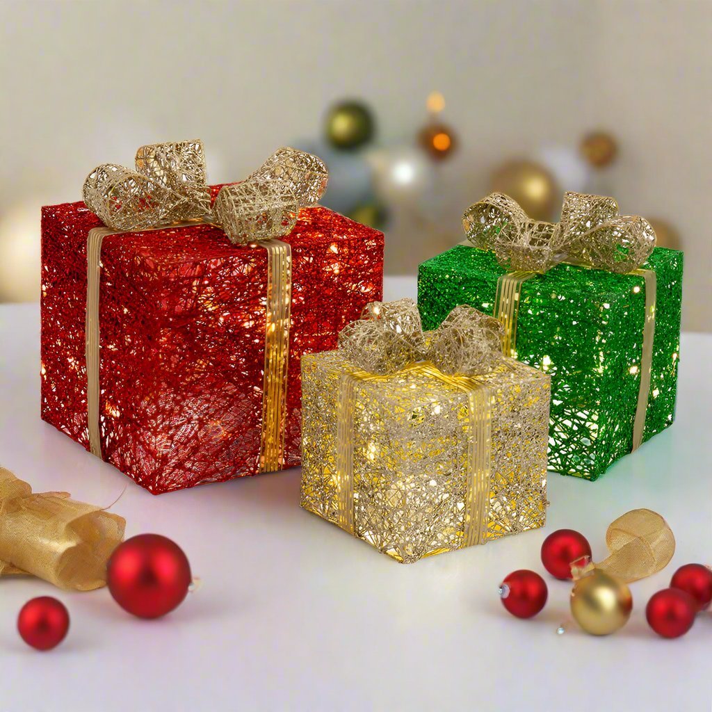 LED Jumbo Presents 3 - Piece Glitter/Gold Bow Twinkle