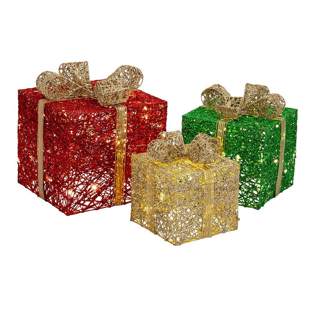LED Jumbo Presents 3 - Piece Glitter/Gold Bow Twinkle