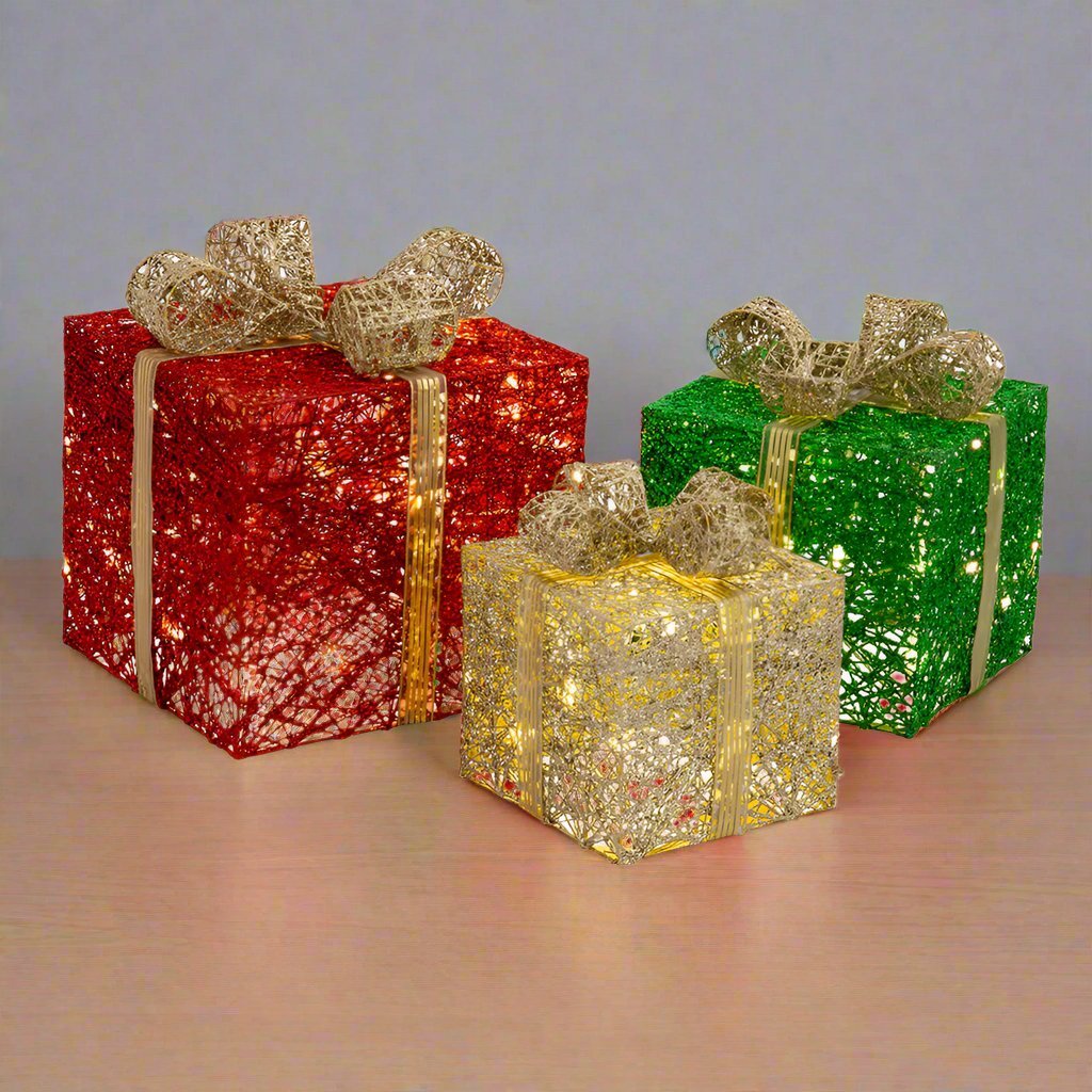 LED Jumbo Presents 3 - Piece Glitter/Gold Bow Twinkle