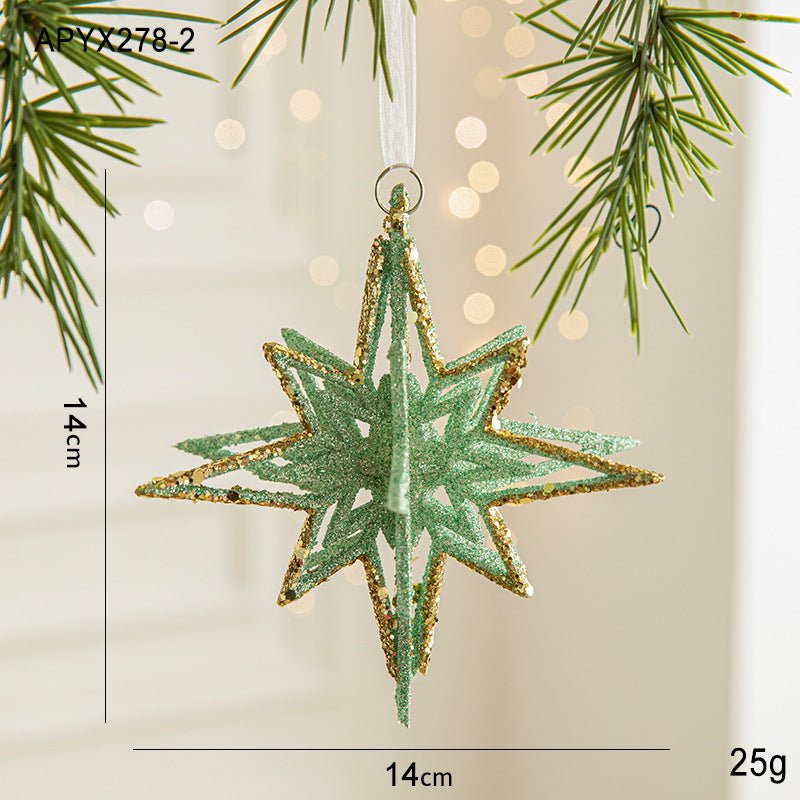 Green Glitter 3D Star Ornament with Gold Accents - Hanging Christmas Decoration 5 pieces