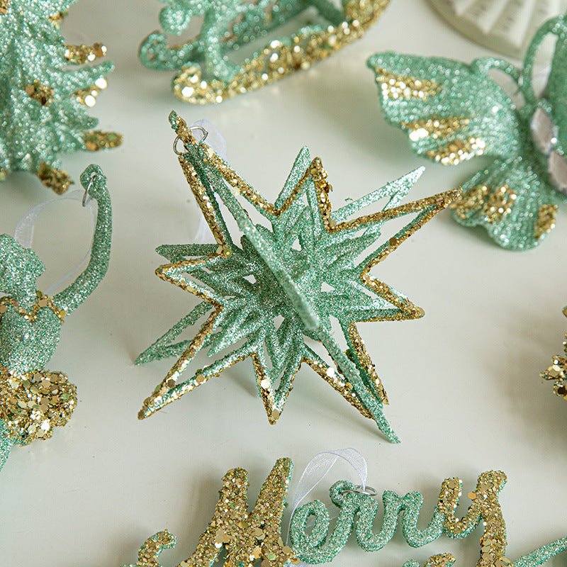 Green Glitter 3D Star Ornament with Gold Accents - Hanging Christmas Decoration 5 pieces