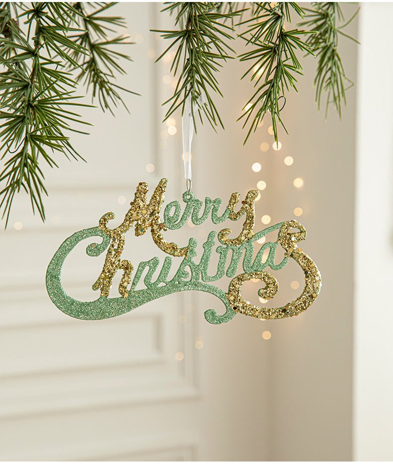 Green and Gold Glitter Merry Christmas Hanging Ornament - Festive Holiday Decoration 5 pieces