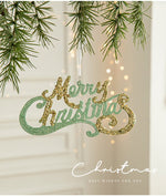 Green and Gold Glitter Merry Christmas Hanging Ornament - Festive Holiday Decoration 5 pieces