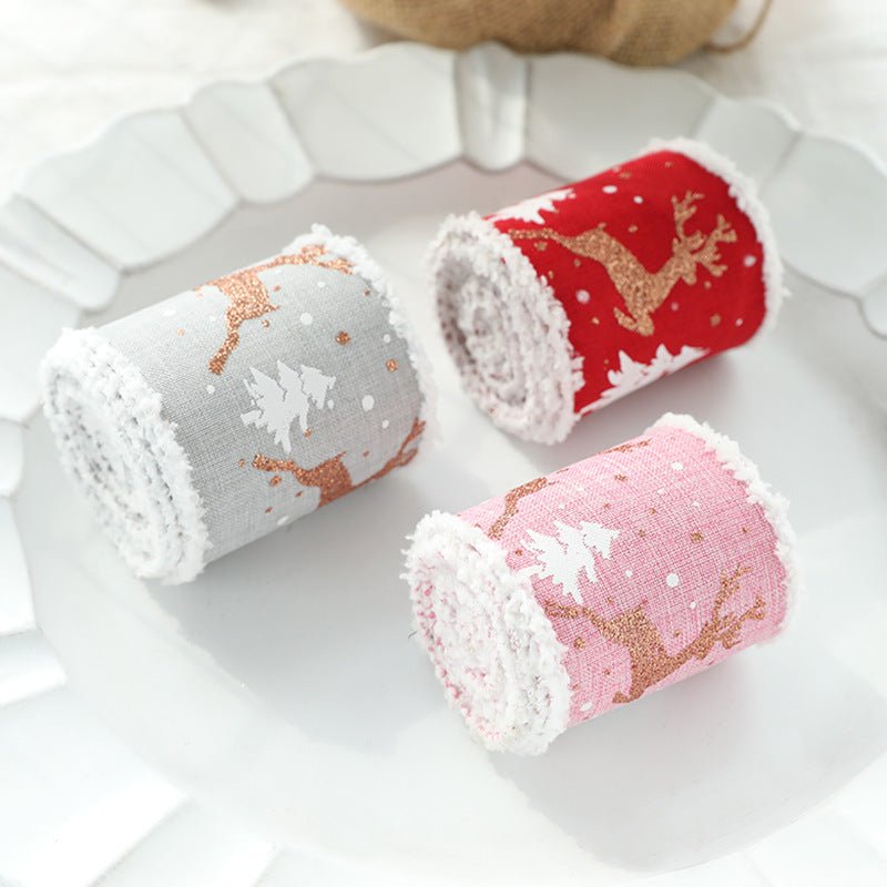 Christmas - Themed Decorative Wired Ribbon Burlap– Reindeer and Tree Print Rolled Fabric Set ,Diameter 6.8 cm, length 2 cm (two set, 6 pieces in total)