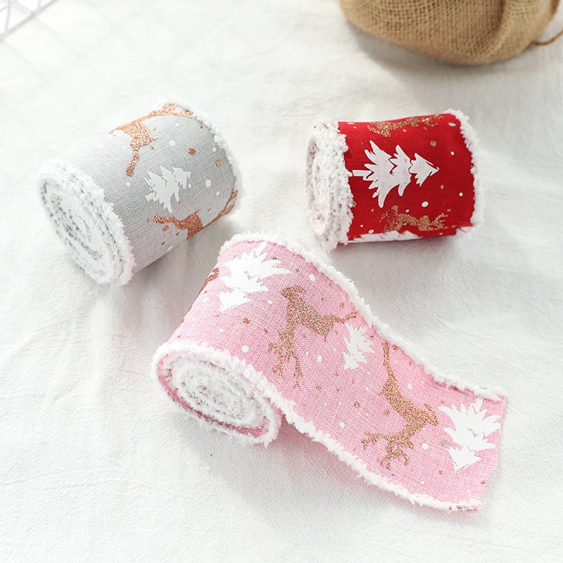 Christmas - Themed Decorative Wired Ribbon Burlap– Reindeer and Tree Print Rolled Fabric Set ,Diameter 6.8 cm, length 2 cm (two set, 6 pieces in total)