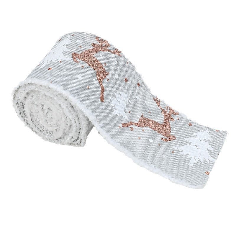 Christmas - Themed Decorative Wired Ribbon Burlap– Reindeer and Tree Print Rolled Fabric Set ,Diameter 6.8 cm, length 2 cm (two set, 6 pieces in total)