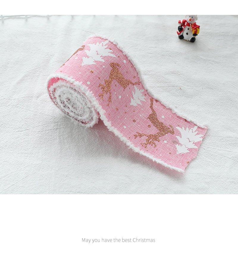 Christmas - Themed Decorative Wired Ribbon Burlap– Reindeer and Tree Print Rolled Fabric Set ,Diameter 6.8 cm, length 2 cm (two set, 6 pieces in total)