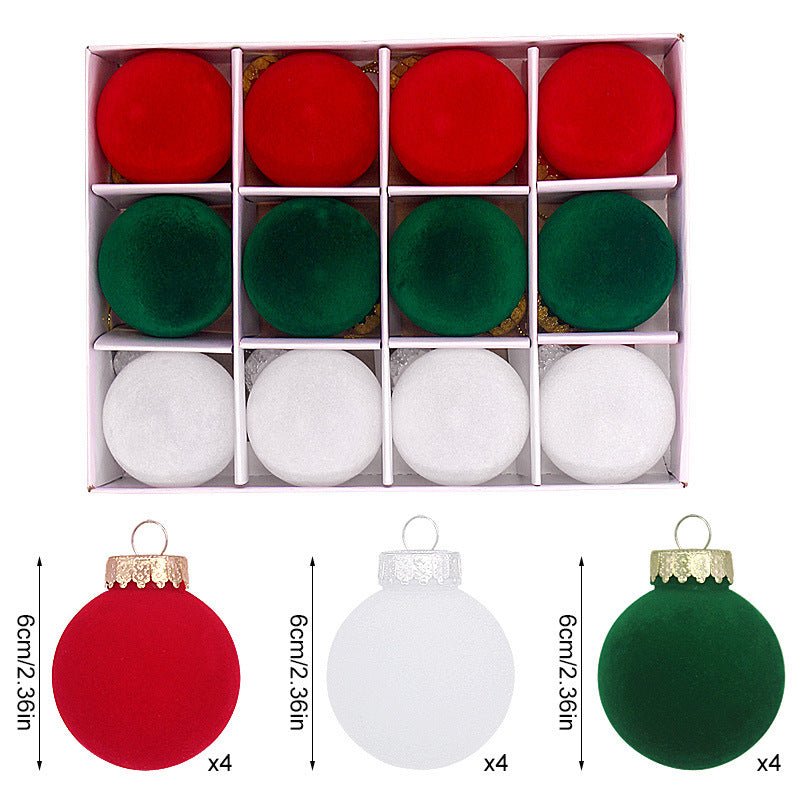 12 - Piece Velvet Christmas Ornament Set - Classic Red, Green, and White Baubles for Holiday Tree Decoration (6cm)