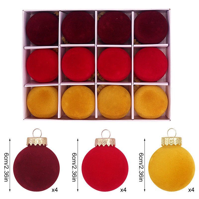 12 - Piece Velvet Christmas Ornament Set - Classic Wine Red, Red, and Yellow Baubles for Holiday Tree Decoration (6cm)