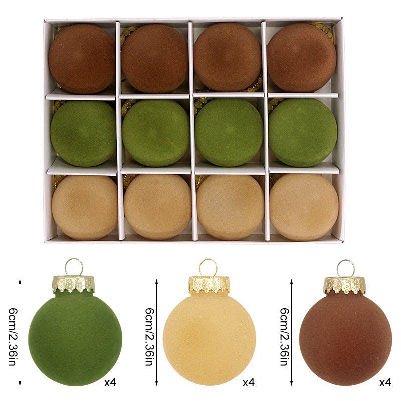 12 - Piece Velvet Christmas Ornament Set - Classic Coffee, Green, and Brown Baubles for Holiday Tree Decoration (6cm)