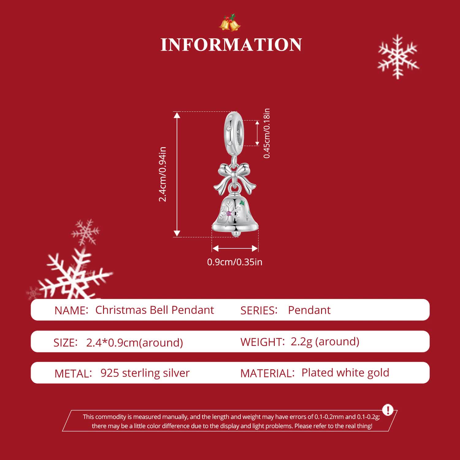 Sterling Silver Bell Charm - Festive Christmas Pendant with Colorful Accents (weighs approximately 2.2g)