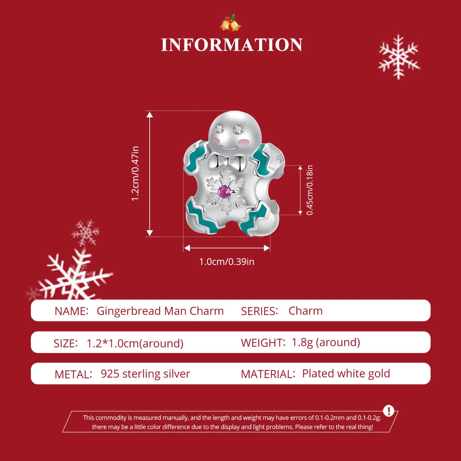 Sterling Silver Gingerbread Man Charm - Festive Christmas Pendant with Colorful Accents (weighs approximately 1.8g)
