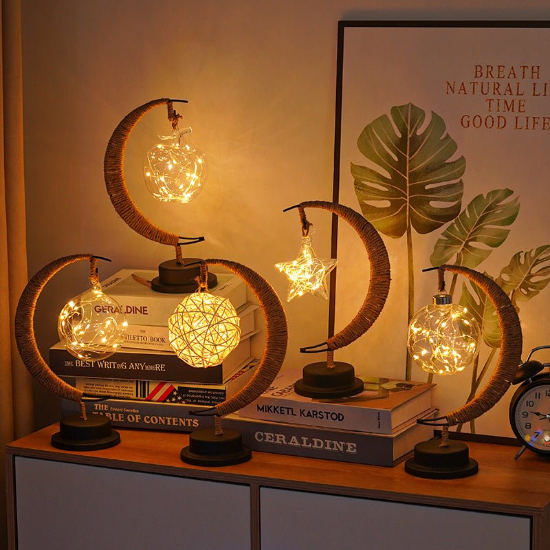 LED Multi - Shape Decorative Lights - Star, Moon, Apple USB Night Lights with Handmade Hemp Rope, Warm Iron Craft, Perfect Birthday & Christmas Gift