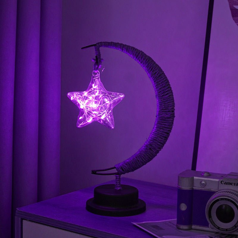 LED Multi - Shape Decorative Lights Purple Star, Moon, Apple USB Night Lights with Handmade Hemp Rope, Warm Iron Craft, Perfect Birthday & Christmas Gift