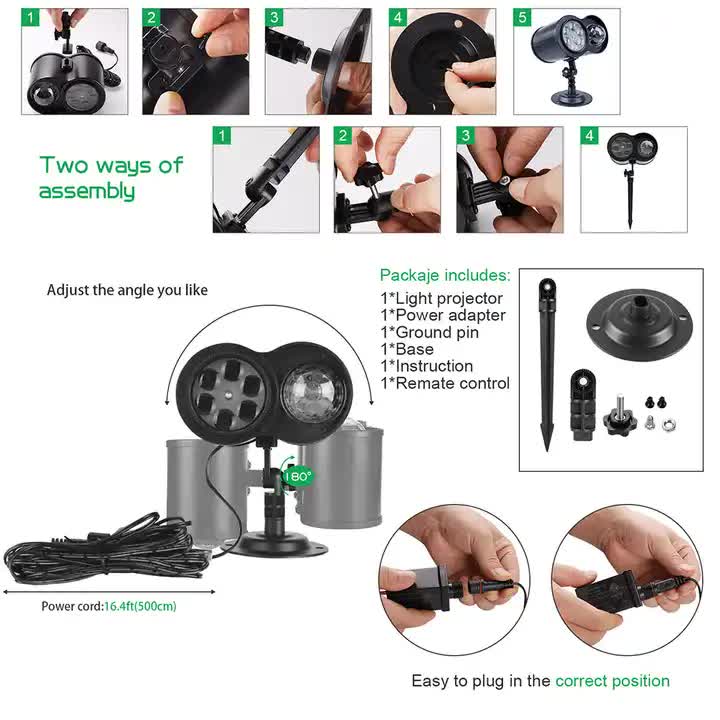 Ground Insert Outdoor Waterproof Lawn Dual - Tube Projection Light - LED Halloween & Christmas Dynamic Water Ripple Animation, Replaceable 12 Slides, Stake or Stand Mountable