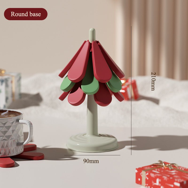Round Base Red High temperature resistant table mat household teacup mat anti - scalding mat foldable insulation mat pot mat, insulation mat shelf Christmas tree shape