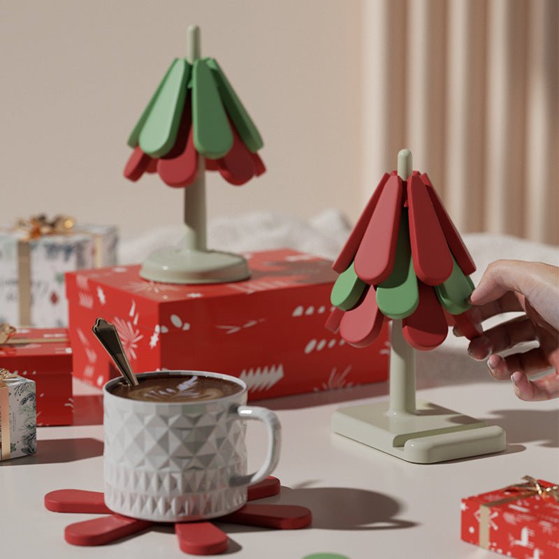 Round Base Green High temperature resistant table mat household teacup mat anti - scalding mat foldable insulation mat pot mat, insulation mat shelf Christmas tree shape