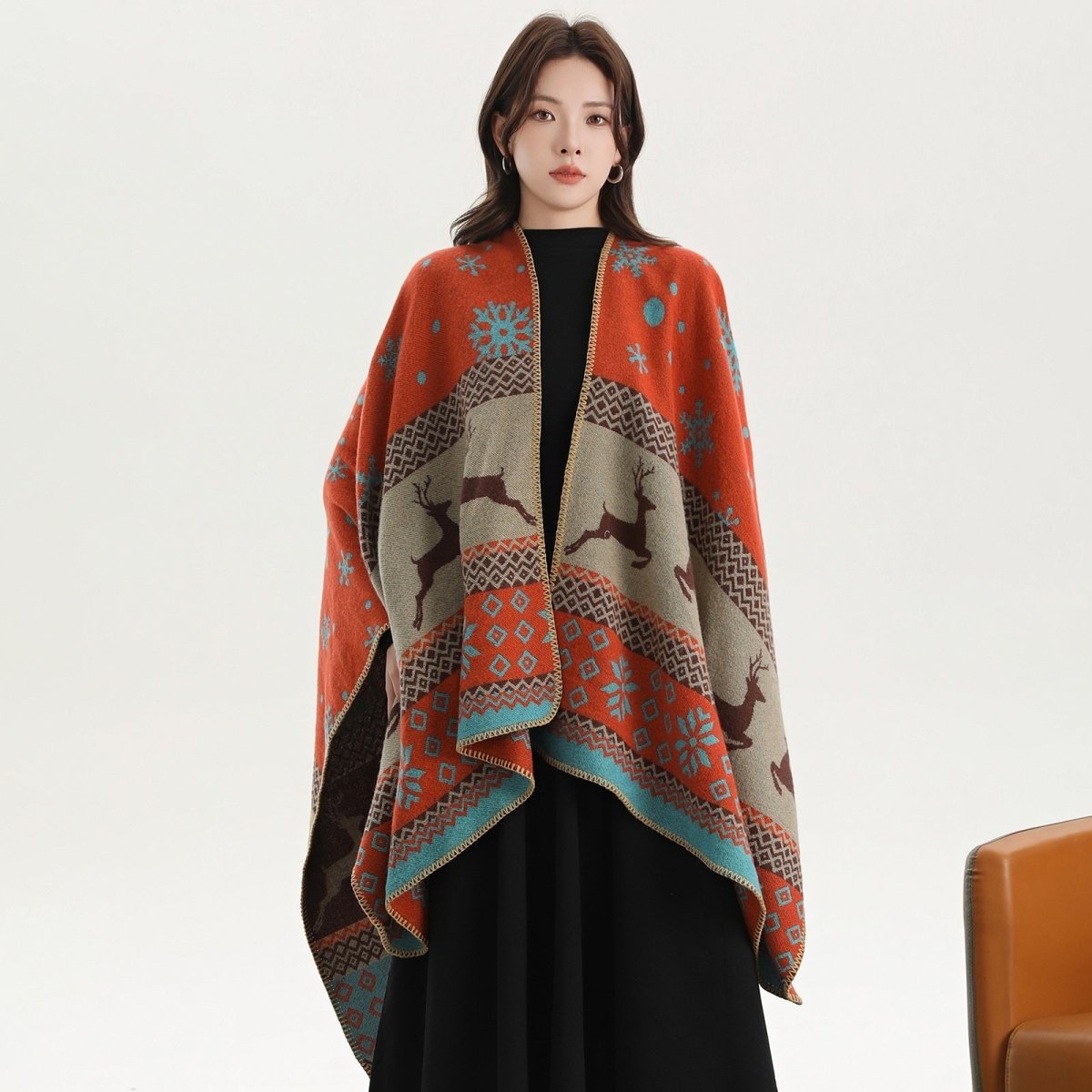 Christmas Star Fawn Orange Elegant Autumn Winter Shawl - Artistic Split - Design Knit Cloak with Oil Painting Style