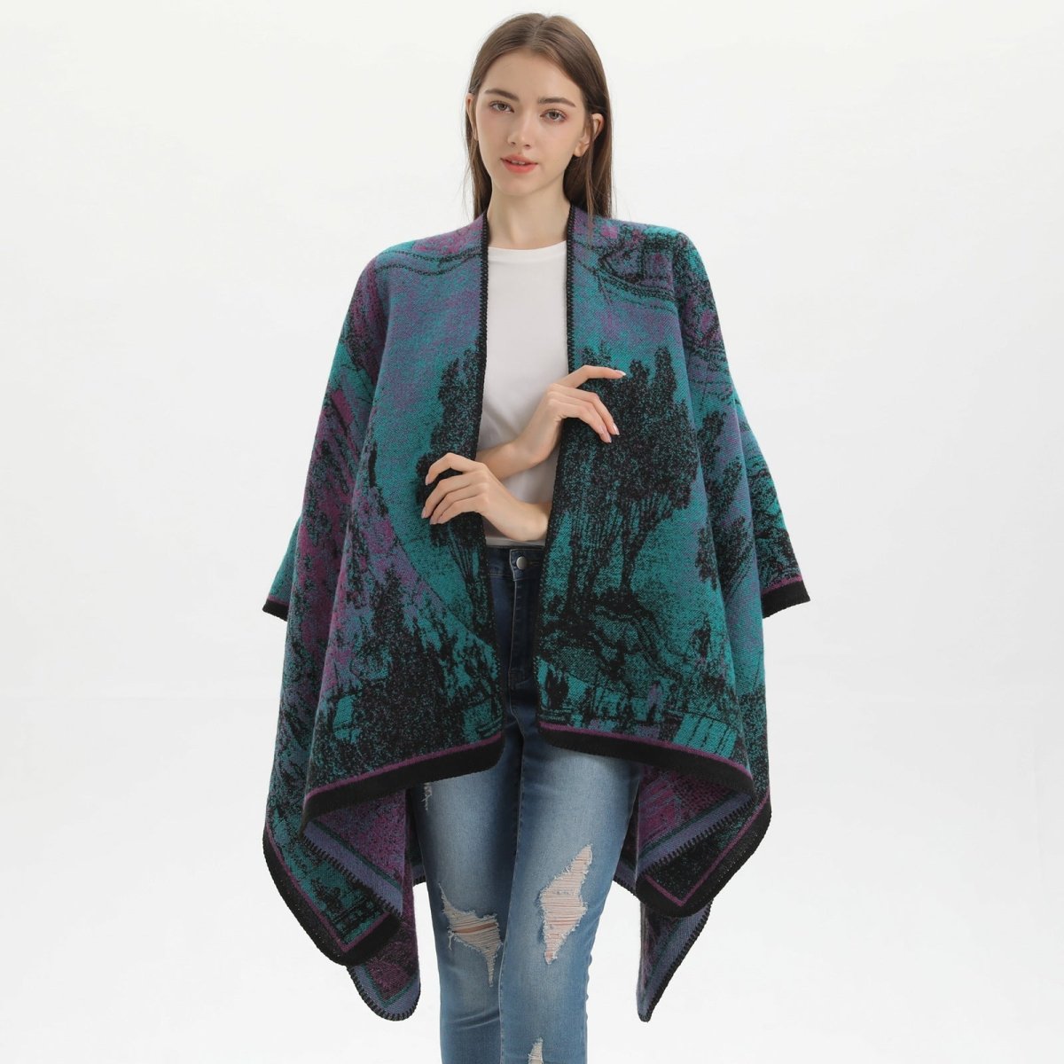 Christmas Star Fawn Orange Elegant Autumn Winter Shawl - Artistic Split - Design Knit Cloak with Oil Painting Style