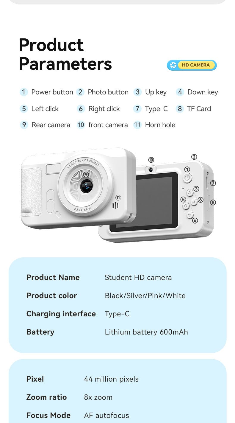 Student HD Digital Camera - 44MP, 8x Zoom, Autofocus, Dual Lens, Type - C Charging (white) - 8076293132744 Toy Chest Australia 7