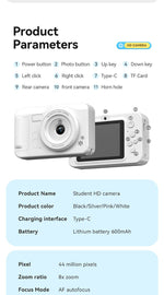Student HD Digital Camera - 44MP, 8x Zoom, Autofocus, Dual Lens, Type - C Charging (Pink) - 8076293132745 Toy Chest Australia 7