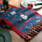 Blue Christmas Festive Table Runner - Blue with Snowman, Reindeer and Happy Holidays (35*180cm)