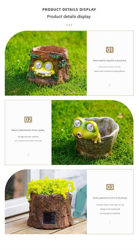 Frog Solar Light Planter - Resin Succulent Pot with Glowing Eyes (Stump frog)