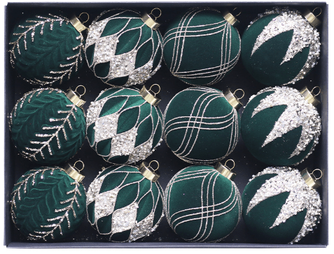 Green 12 - Piece 8cm Christmas Bauble Set - Colorful Flocked Tree Ornaments