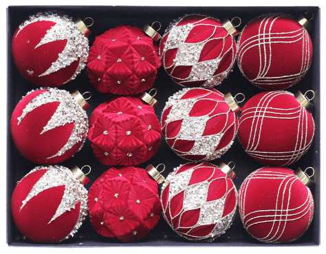 Red 12 - Piece 8cm Christmas Bauble Set - Colorful Flocked Tree Ornaments