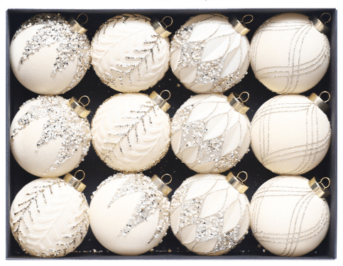 Beige - yellow 12 - Piece 8cm Christmas Bauble Set - Colorful Flocked Tree Ornaments