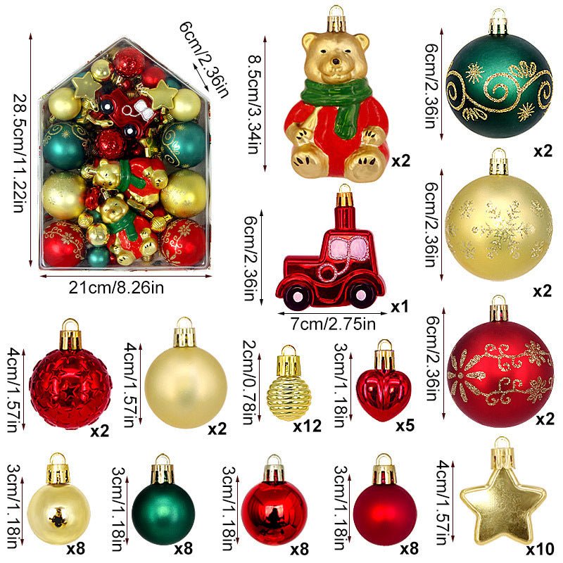 Bear 72 - Piece Christmas Bauble Set - Hand - Painted House and Round Ornaments