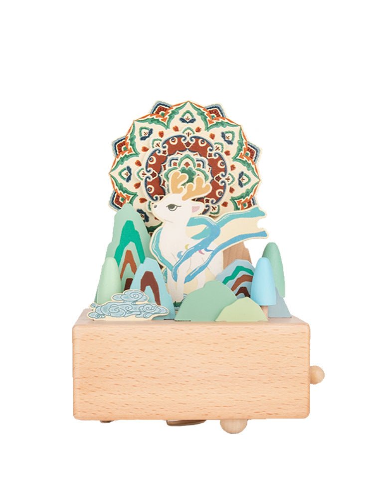 MAOMAO - Music Box (nine - colored deer of mythology) Handmade Wooden Ferris Wheel Music Box - Christmas Carousel Hand - Cranked Desktop Decoration