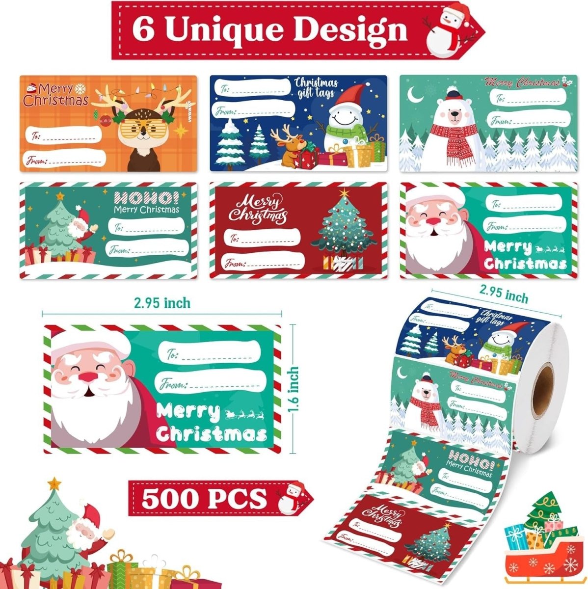 Set of 4 Christmas Gift Tag Sticker Rolls - 2000 Self - Adhesive Labels for Presents