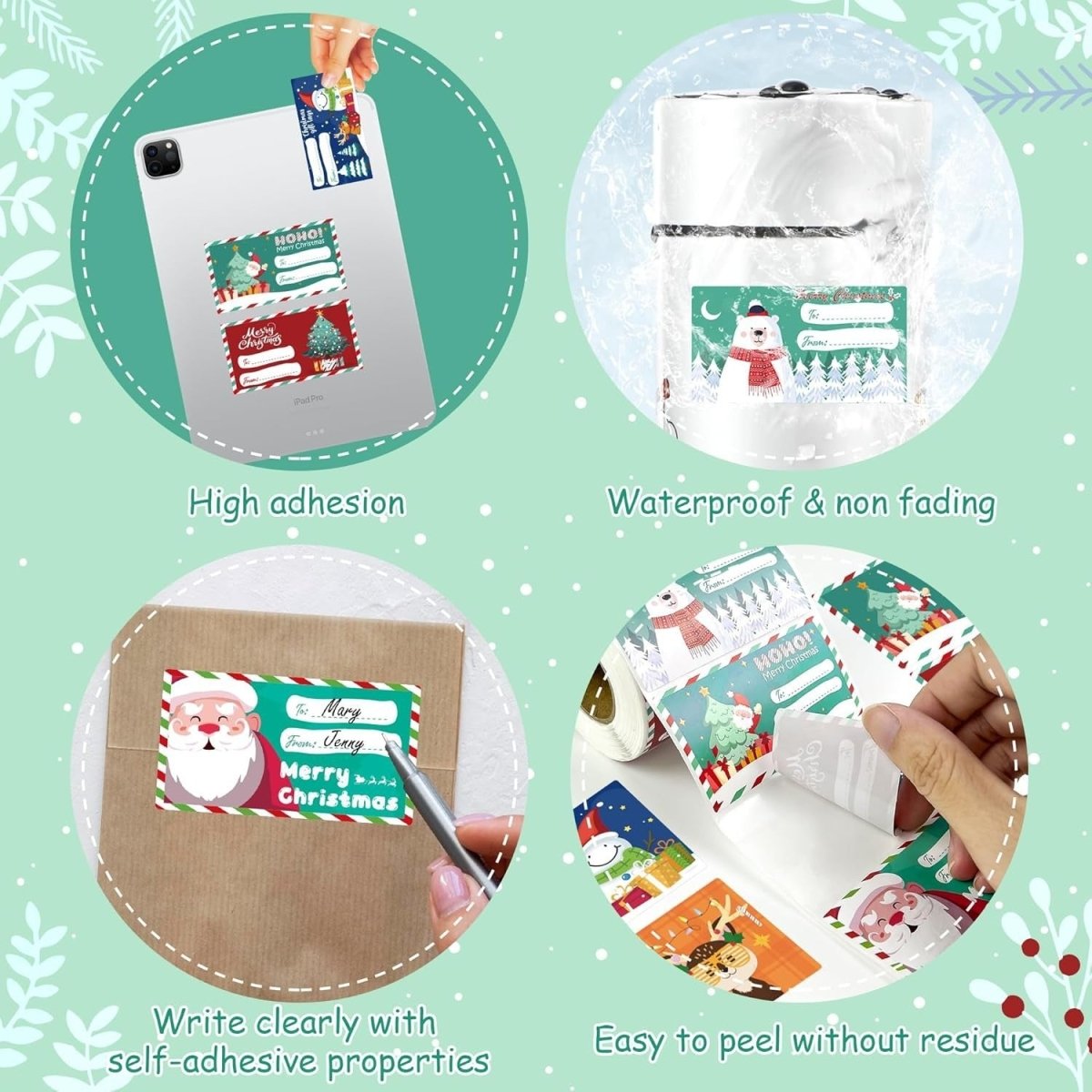 Set of 4 Christmas Gift Tag Sticker Rolls - 2000 Self - Adhesive Labels for Presents