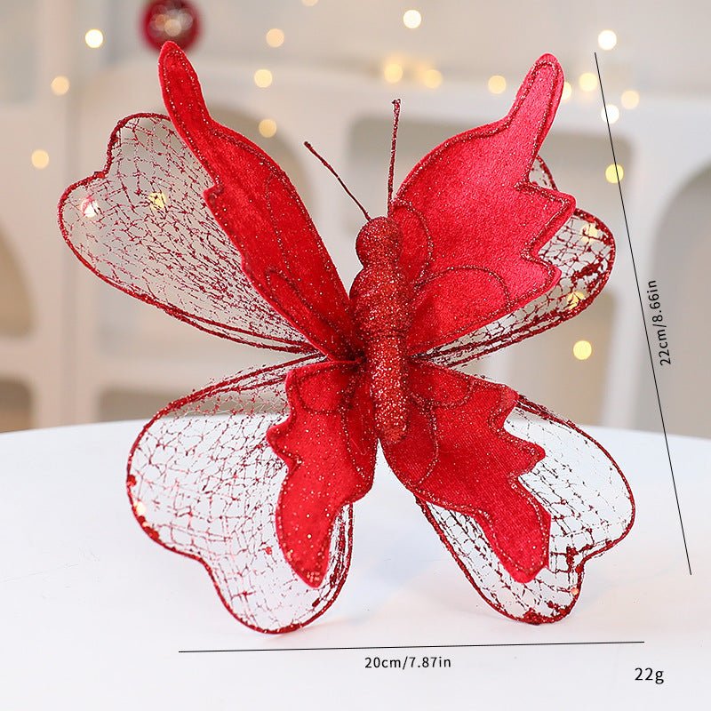 Red Large Glitter Butterfly Christmas Ornaments (Set of 2) - Clip - On Decorations for Trees & Wreaths