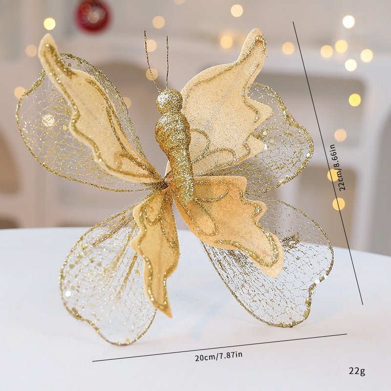 Gold Large Glitter Butterfly Christmas Ornaments (Set of 2) - Clip - On Decorations for Trees & Wreaths