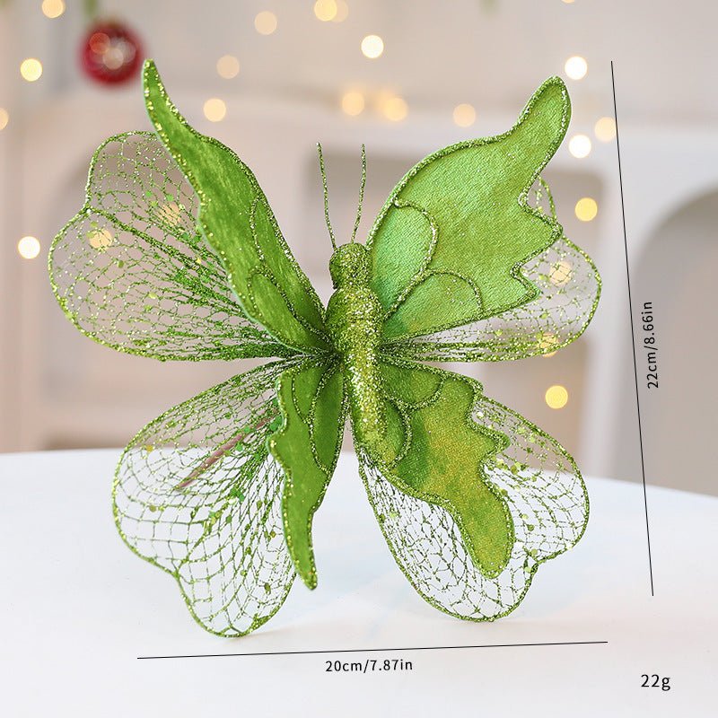 Green Large Glitter Butterfly Christmas Ornaments (Set of 2) - Clip - On Decorations for Trees & Wreaths