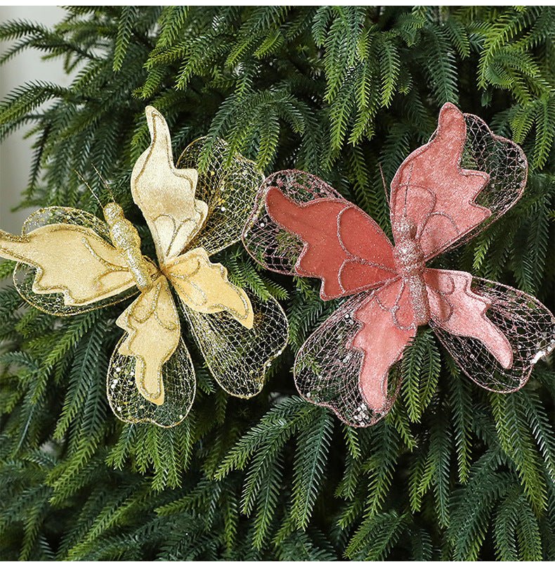 White Large Glitter Butterfly Christmas Ornaments (Set of 2) - Clip - On Decorations for Trees & Wreaths