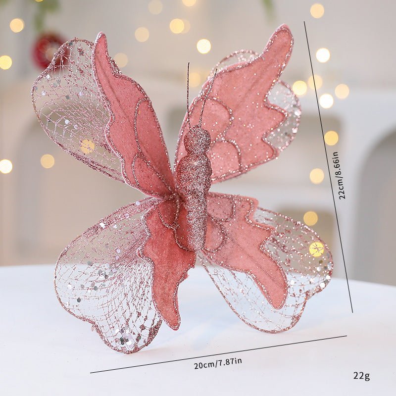 Rose Gold Large Glitter Butterfly Christmas Ornaments (Set of 2) - Clip - On Decorations for Trees & Wreaths
