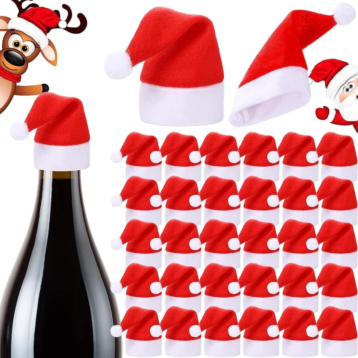 Mini Santa Hat Cutlery Holders (100 - Pack) - Festive Christmas Wine Bottle Toppers & Table Decorations