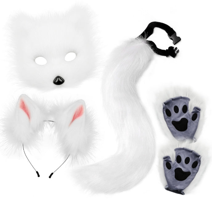 White Halloween Furry Fox Costume Set - Plush Mask, Ears Headband, Tail, and Paws for Cosplay