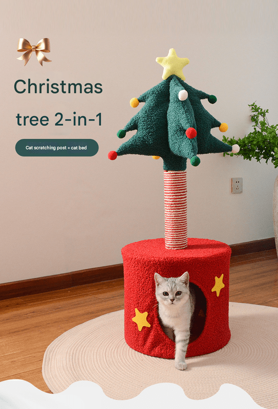 Festive Christmas Tree Cat Scratcher & Condo | 2 - in - 1 Sisal Post with Cozy Hideaway Bed