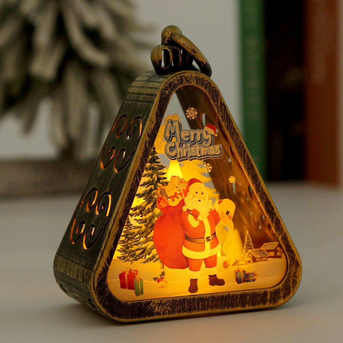 Bronze color Santa Claus Charming Christmas Scene Mini Lanterns (Set of 3) - Battery Operated LED Lights for a Cozy Holiday Glow