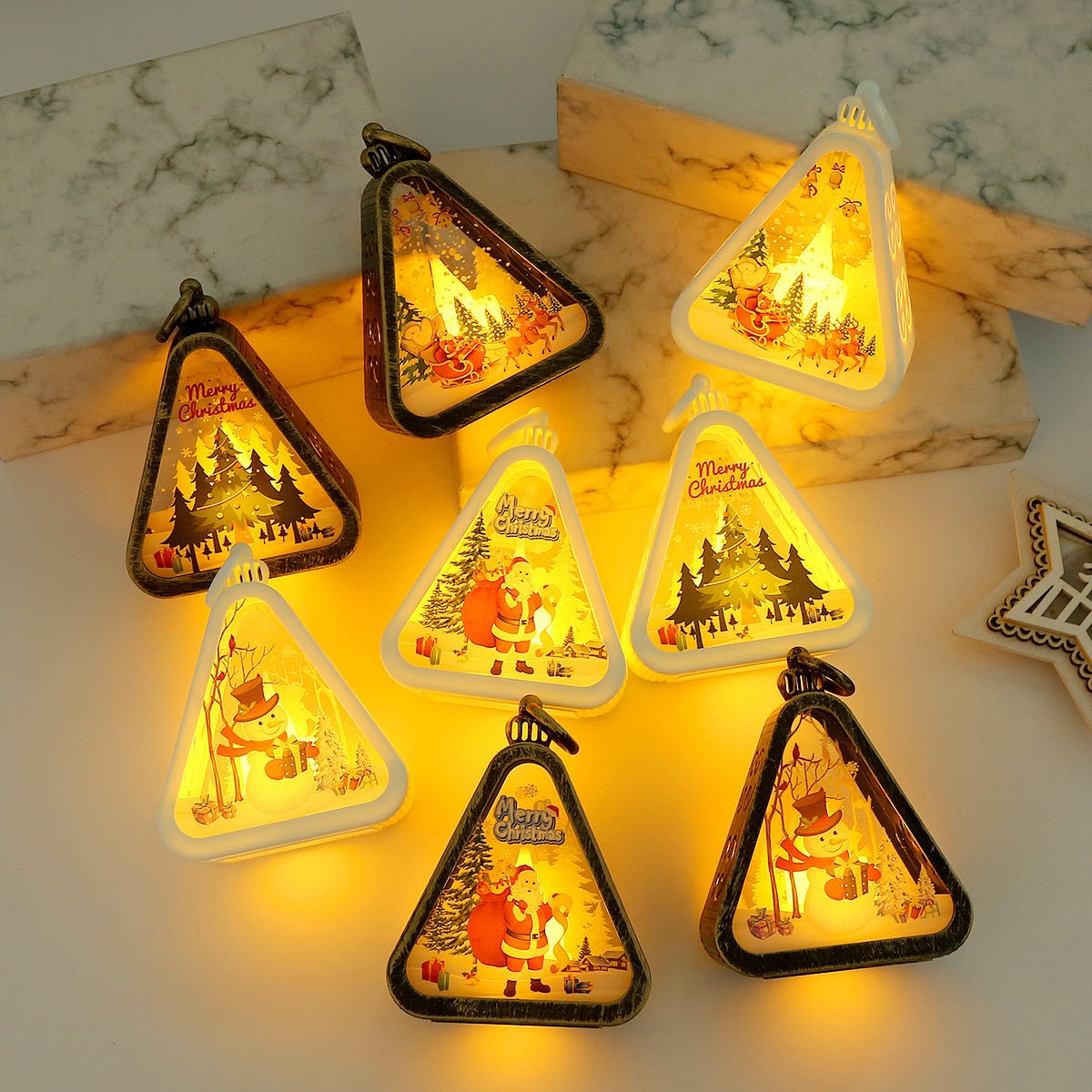 Bronze color Santa Claus Charming Christmas Scene Mini Lanterns (Set of 3) - Battery Operated LED Lights for a Cozy Holiday Glow