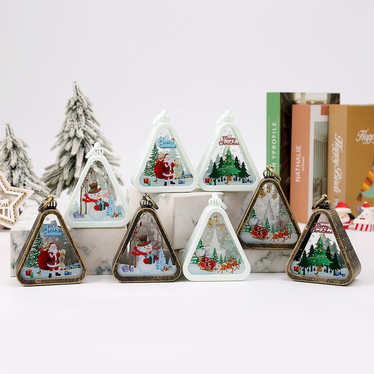 Bronze color Santa Claus Charming Christmas Scene Mini Lanterns (Set of 3) - Battery Operated LED Lights for a Cozy Holiday Glow