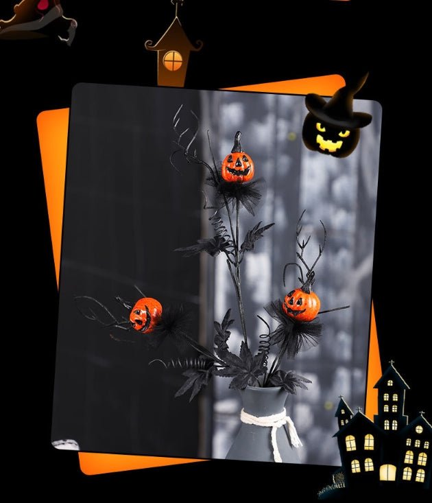 Halloween Black Twig & Pumpkin Stems (2 - Pack) - Artificial Floral Picks for Spooky Arrangements